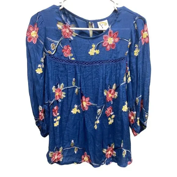 Fig and Flower Blue Floral Anthropologie Top Puff Sleeve Embroidered Size L - Picture 2 of 7